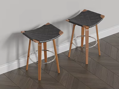 Two Modern Bar Stools With Quilted Dark Leather Seat Light Wooden Legs And Metal Footrest 3d model