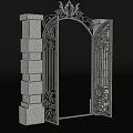 Wrought Iron Gate With Ornate Carvings Arched Frame And Stone Pillars