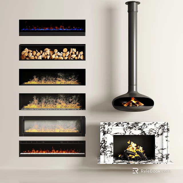 Various Fireplace Interior Designs With Wood Logs Flame Effects And Marble Frames 3d model