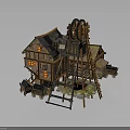 Wooden Cottage Building With Windmill Structure Multiple Windows Dark Roof And Connected Platforms Stairs