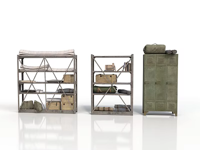 Industrial Metal Storage Units With Shelves Cabinet And Boxes Bags Books 3d model