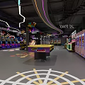 Arcade Playground Featuring Prize Redemption Area Shelves Filled With Prizes Neon Signs And Seating Tables