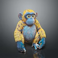 Colorful Spotted Monkey Toy With Yellow Blue Fur In Sitting Pose On Reflective Surface