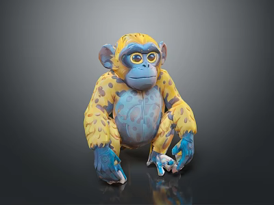 Colorful Spotted Monkey Toy With Yellow Blue Fur In Sitting Pose On Reflective Surface 3d model