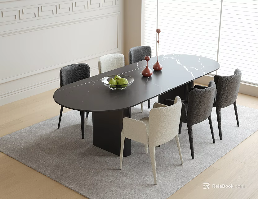 Modern Oval Black Dining Table with White and Gray Chairs on Gray Rug 3d model 