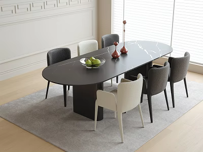 Modern Oval Black Dining Table with White and Gray Chairs on Gray Rug 3d model