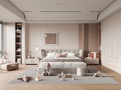 Modern Beige Kids Room Interior With Bed Toys Bookshelf Rug And Storage Cabinets 3d model