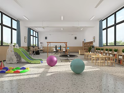 Spacious Indoor Kids Fitness Activity Room With Slide Swing Ball Pit And Colorful Exercise Balls 3d model