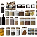 Various Glass Spice Jars With Wooden Lids And Different Spices For Kitchen Storage