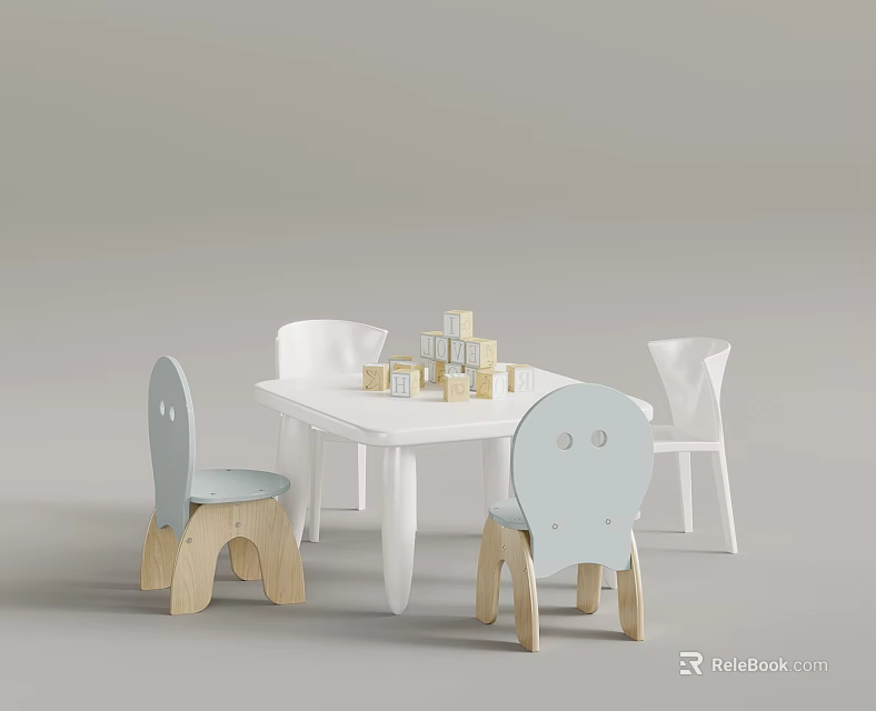 Children's Play Table With Light Blue Chairs And Wooden Building Blocks 3d model 