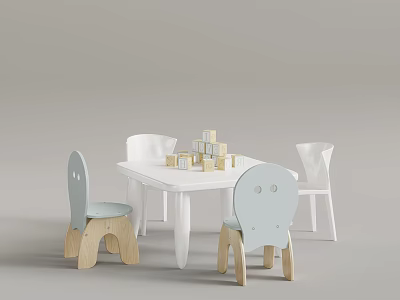 Children's Play Table With Light Blue Chairs And Wooden Building Blocks 3d model