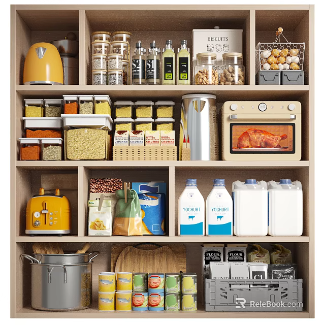 Organized Kitchen Pantry Shelves With Canned Goods Grains Flour Sugar Bottles Roasted Food In Oven 3d model 