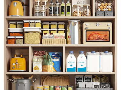 Organized Kitchen Pantry Shelves With Canned Goods Grains Flour Sugar Bottles Roasted Food In Oven 3d model