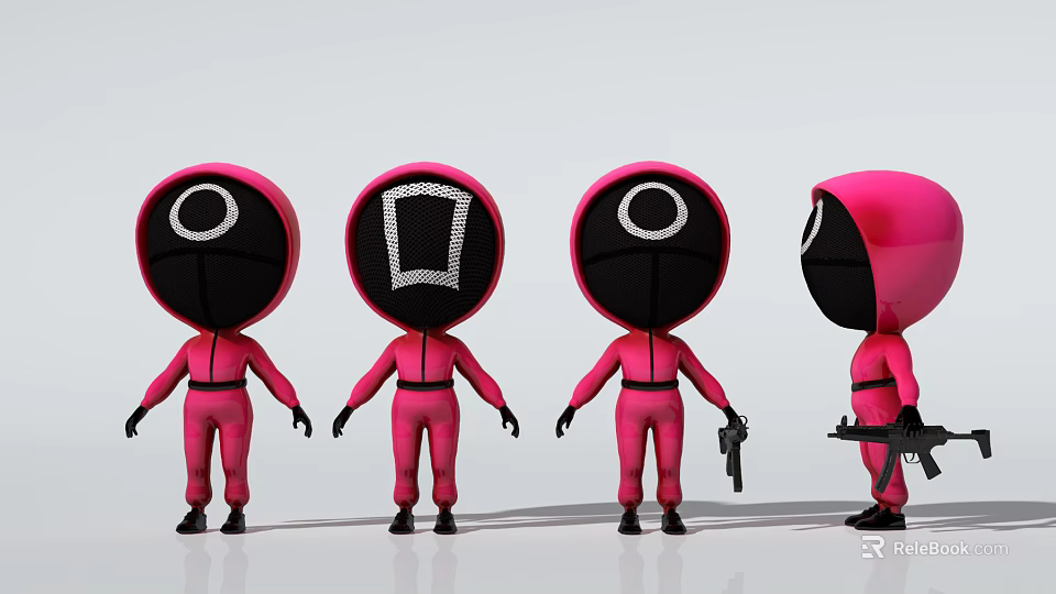 Game and Movie Characters in Pink Jumpsuits with Black Masks and Symbols Holding Guns 3d model 