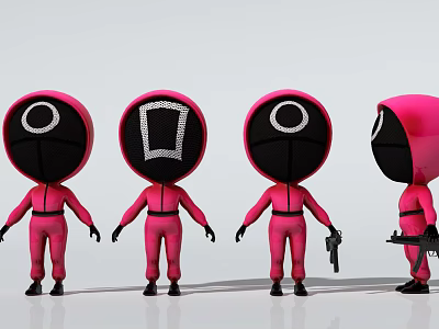 Game and Movie Characters in Pink Jumpsuits with Black Masks and Symbols Holding Guns 3d model