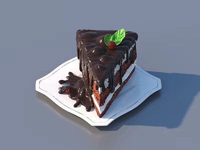Chocolate Cake Slice With Dripping Chocolate Sauce Fresh Mint And Red Berry On White Plate 3d model