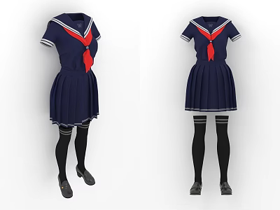 Dark Blue Sailor School Uniform Dress With Red Scarf And Black Stockings 3d model
