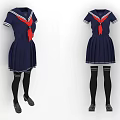 Dark Blue Sailor School Uniform Dress With Red Scarf And Black Stockings