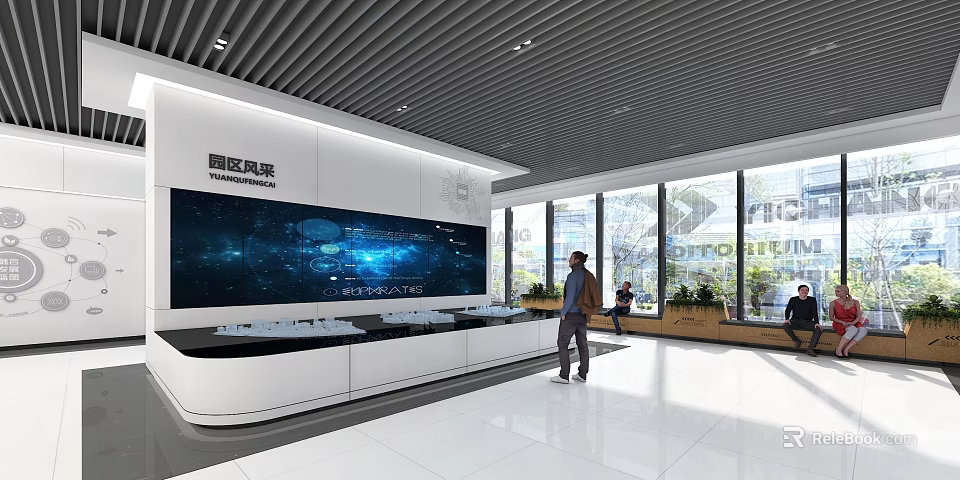Contemporary Exhibition Space Interior With Large Digital Screen Display Counters And People Walking 3d model 