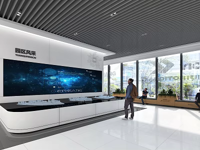 Contemporary Exhibition Space Interior With Large Digital Screen Display Counters And People Walking 3d model
