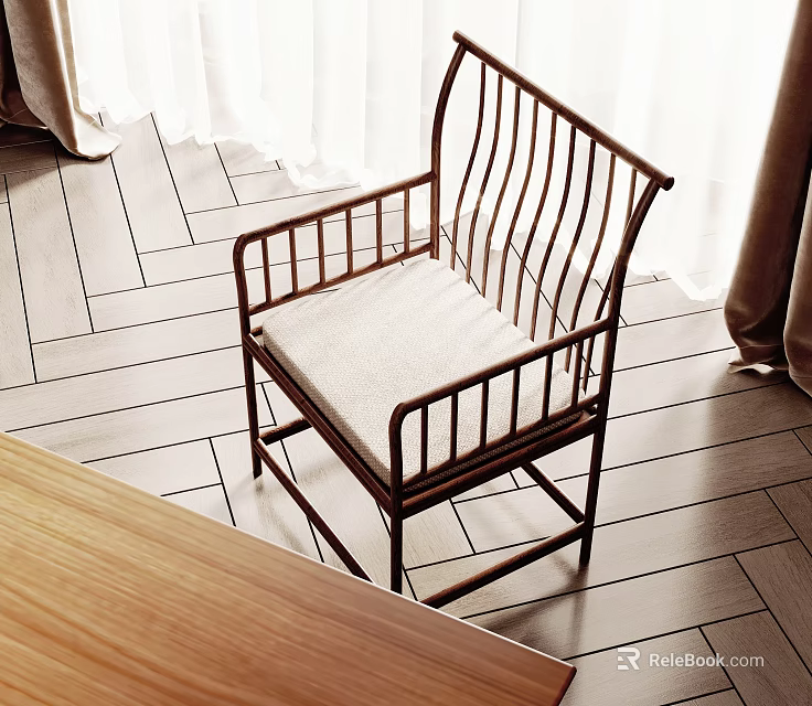 Comfortable Accent Chair With Wooden Frame And Light Cushion On Herringbone Floor With White Curtains 3d model 