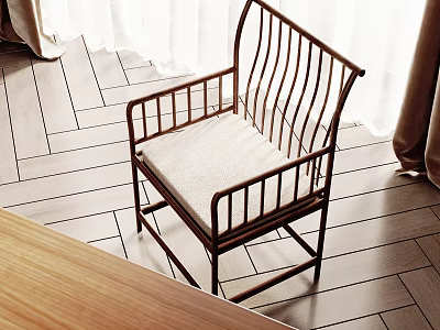 Comfortable Accent Chair With Wooden Frame And Light Cushion On Herringbone Floor With White Curtains 3d model