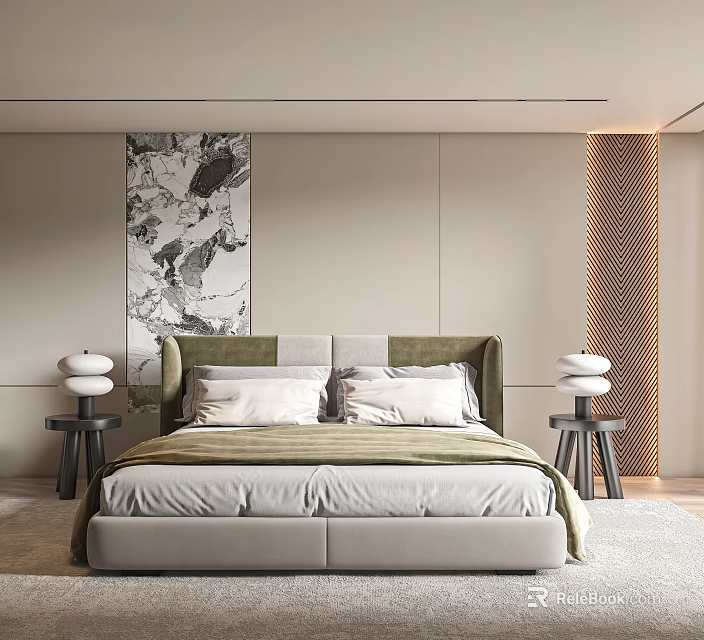 Modern Bedroom Interior Design With Green And Beige Headboard Wall Art Bedside Tables And Lamps 3d model 