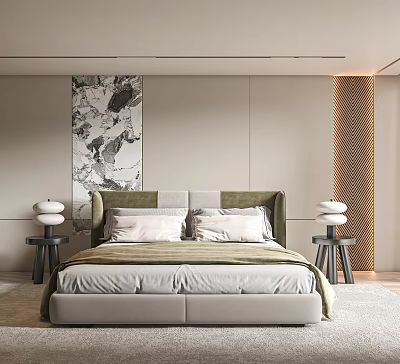 Modern Bedroom Interior Design With Green And Beige Headboard Wall Art Bedside Tables And Lamps 3d model