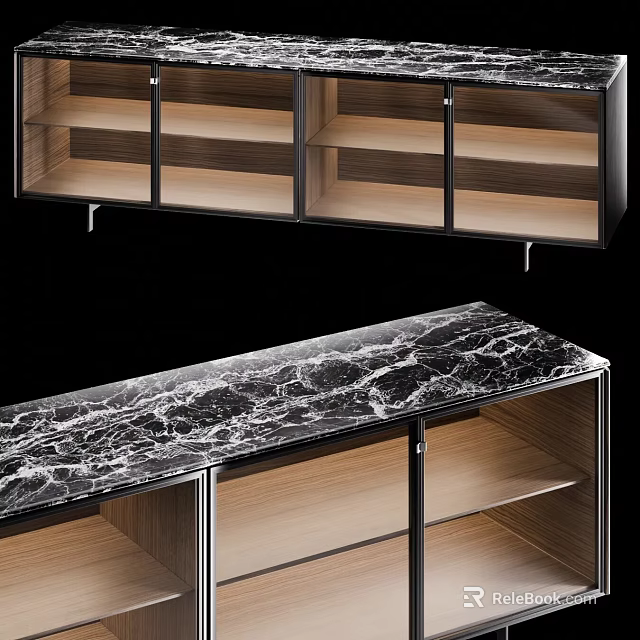 Modern TV Stand With Marble Top Wooden Shelves And Glass Door Design 3d model 