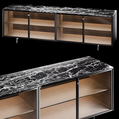 Modern TV Stand With Marble Top Wooden Shelves And Glass Door Design 3d model