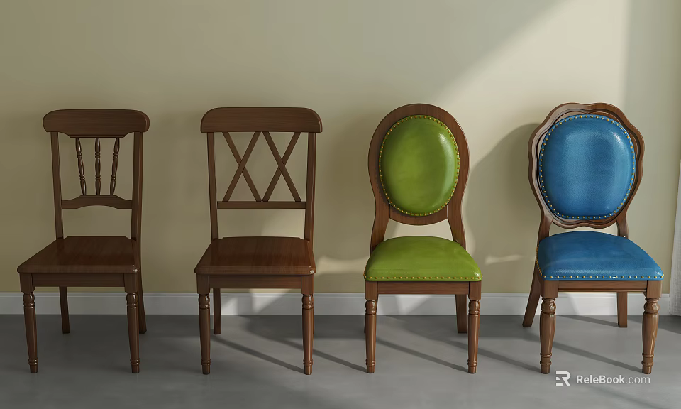 Various Designs Dining Chairs With Wooden Frames And Colorful Upholstered Backs Seats 3d model 