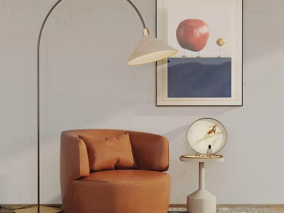 Orange Leather Armchair With Modern Floor Lamp Abstract Artwork And Round Side Table 3d model