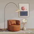Orange Leather Armchair With Modern Floor Lamp Abstract Artwork And Round Side Table