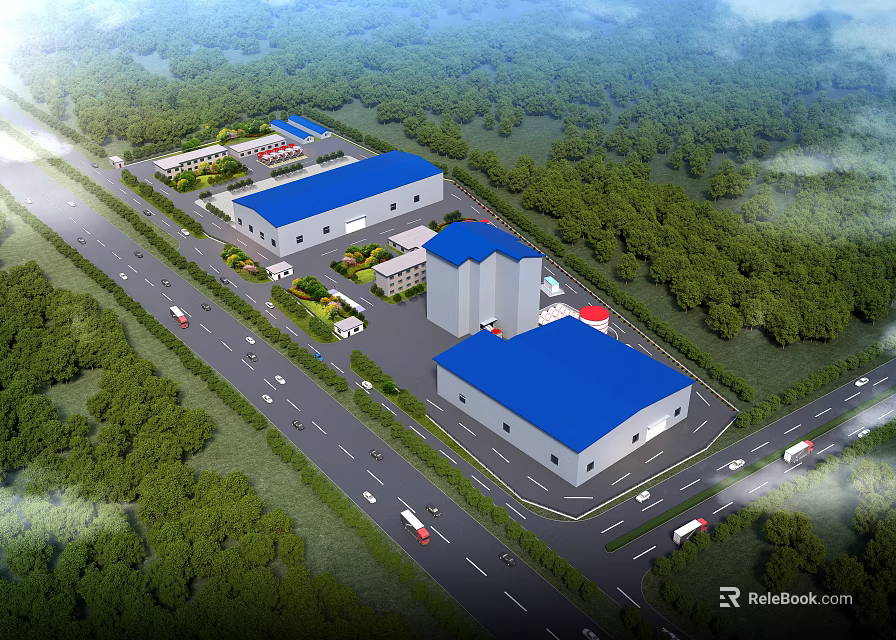 Aerial View Of Modern Industrial Plant With Blue Roofs Roads And Green Trees 3d model 