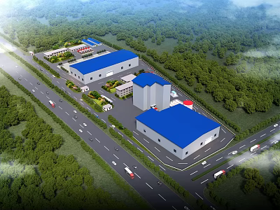 Aerial View Of Modern Industrial Plant With Blue Roofs Roads And Green Trees 3d model