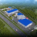 Aerial View Of Modern Industrial Plant With Blue Roofs Roads And Green Trees