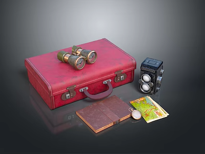 Vintage Travel Daily Essentials With Red Leather Suitcase Binoculars Vintage Camera Notebook And Map 3d model