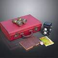 Vintage Travel Daily Essentials With Red Leather Suitcase Binoculars Vintage Camera Notebook And Map