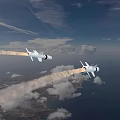 Modern Aerial Missiles with White Blue Black Striped Body Flying in Sky with Tail Flames