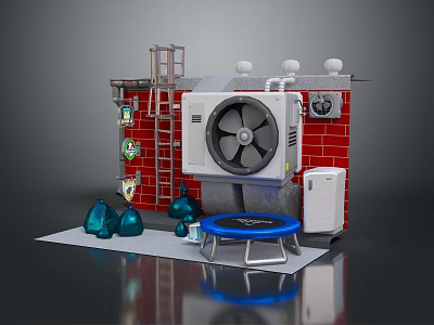 White Computer Server Setup With Cooling Fan Red Brick Wall Metal Ladder And Blue Components 3d model