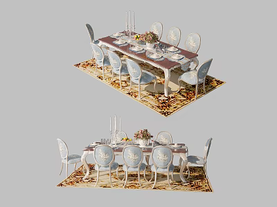 Elegant Dining Table Set With Long Table Chairs Tableware Candles And Floral Arrangement On Rug 3d model