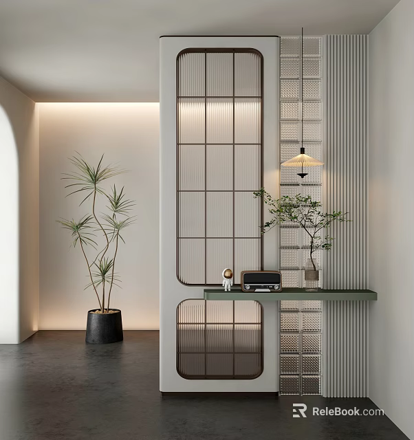 Modern Grid Partition Interior Design With Green Plants Console Table And Lighting 3d model 