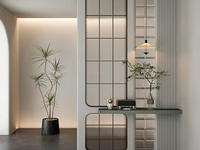 Modern Grid Partition Interior Design With Green Plants Console Table And Lighting 3d model