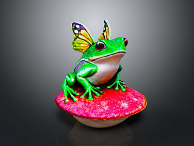 Green Reptile With Colorful Butterfly Wings Sitting On Red Mushroom 3d model