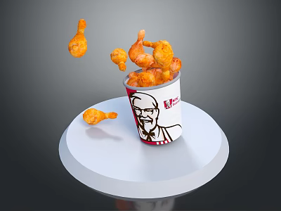 Fresh Chicken Fried Pieces Falling Out Of KFC Bucket With Logo On White Stand 3d model