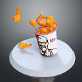 Fresh Chicken Fried Pieces Falling Out Of KFC Bucket With Logo On White Stand
