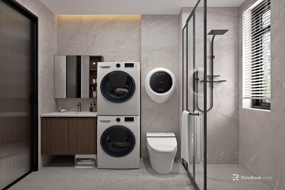 Modern Bathroom With Washing Machine Dryer Toilet Glass Shower And Marble Walls 3d model 