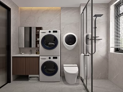 Modern Bathroom With Washing Machine Dryer Toilet Glass Shower And Marble Walls 3d model