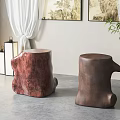 Tree Stump Shaped Red And Brown Stools In Indoor Setting With Lanterns And Plants 3d model