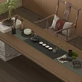 Elegant Tea Set On Wooden Tea Table With Green Mat Small Cups And Decorative Plants